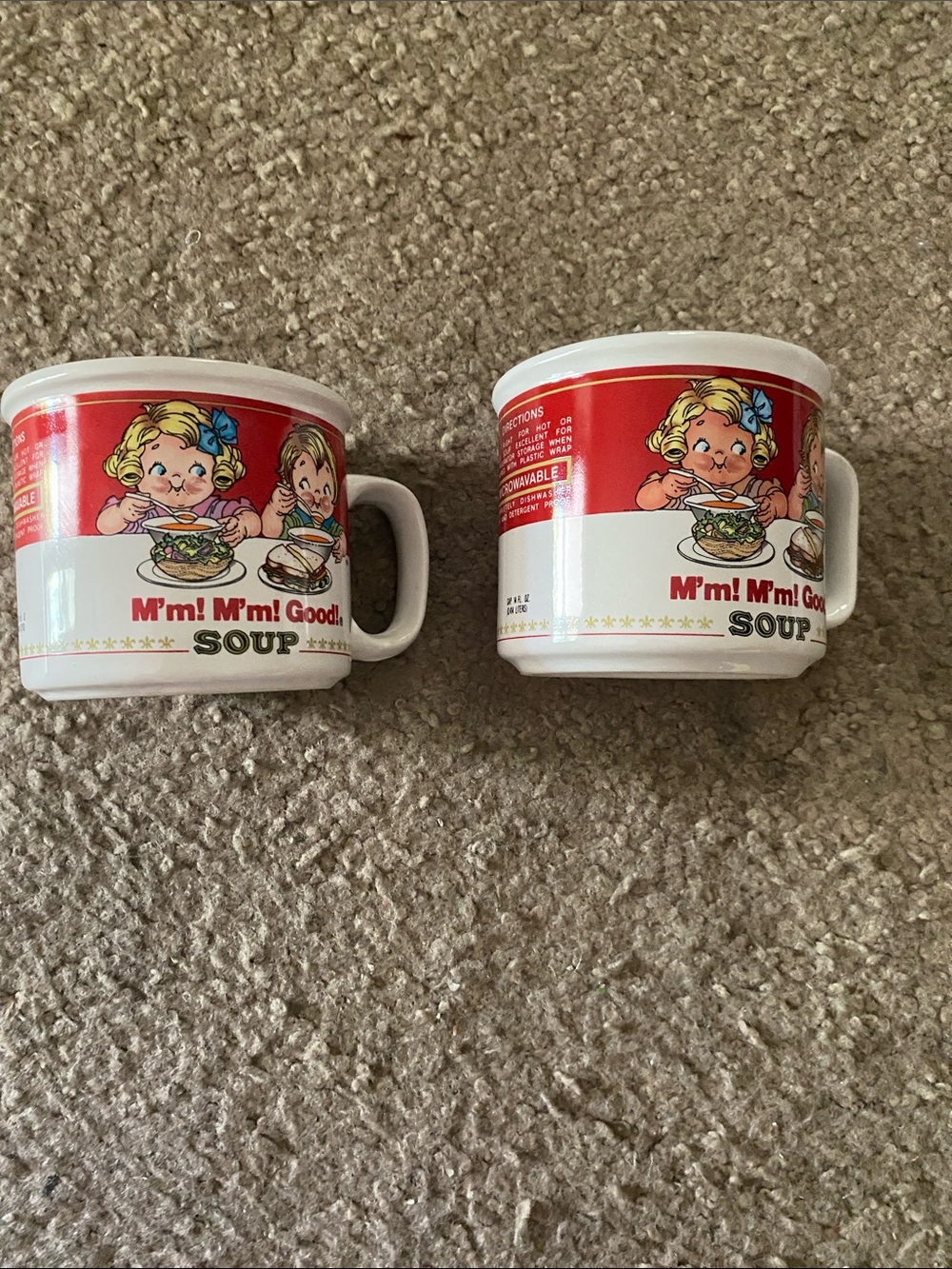 Vintage-Style Red Soup Mug with Playful Illustration
